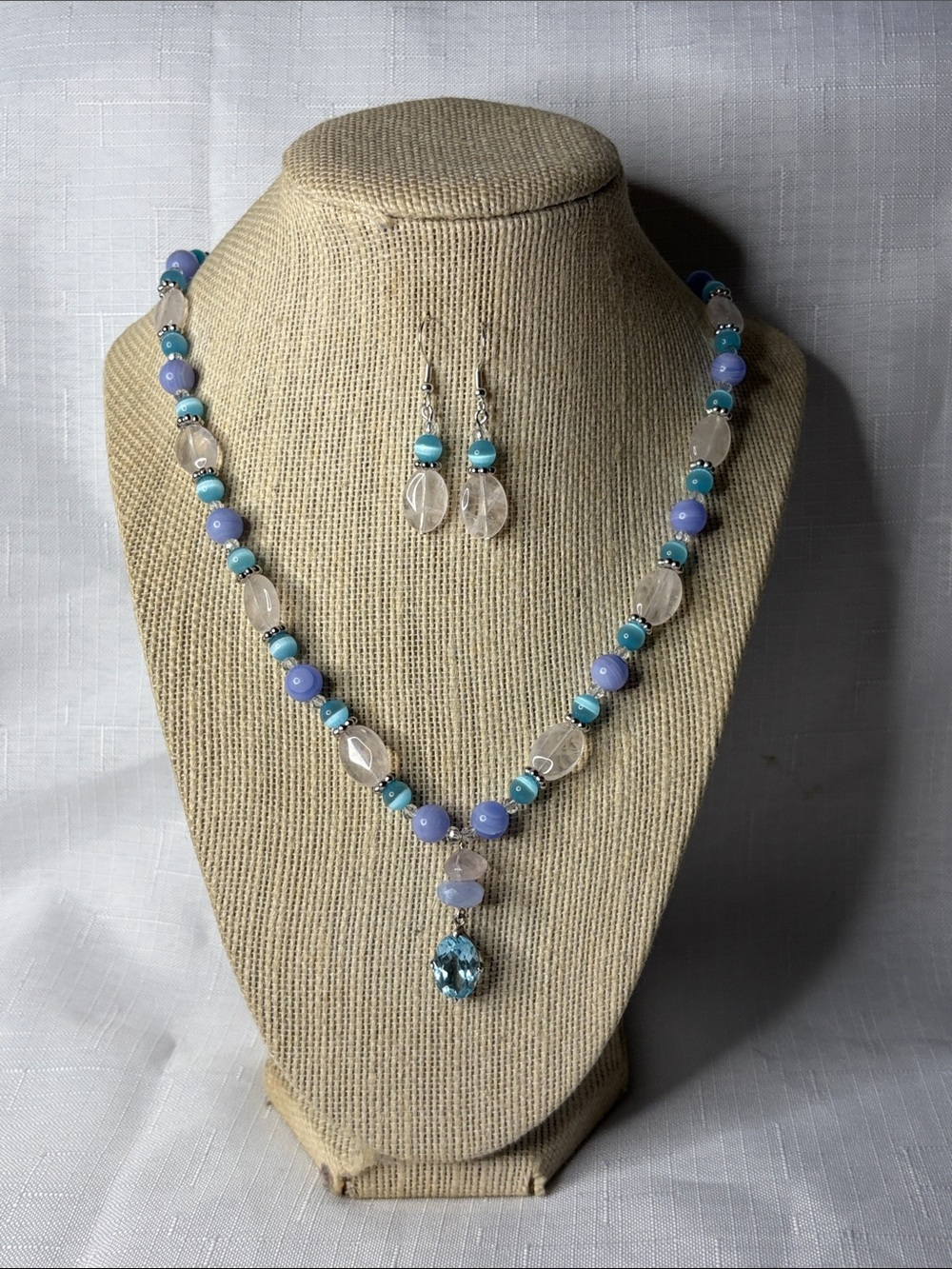 Handcrafted Topaz, Blue Lace Agate, and Rose Quartz Necklace an Earring Set